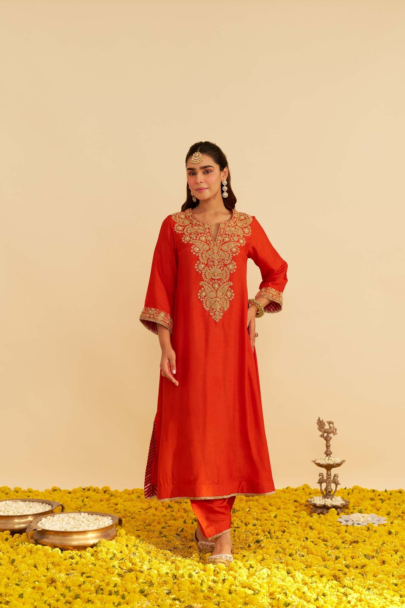 HIBA - BURNT ORANGE LONG KAFTAN WITH SALWAR AND DUPATTA (Lxrts)