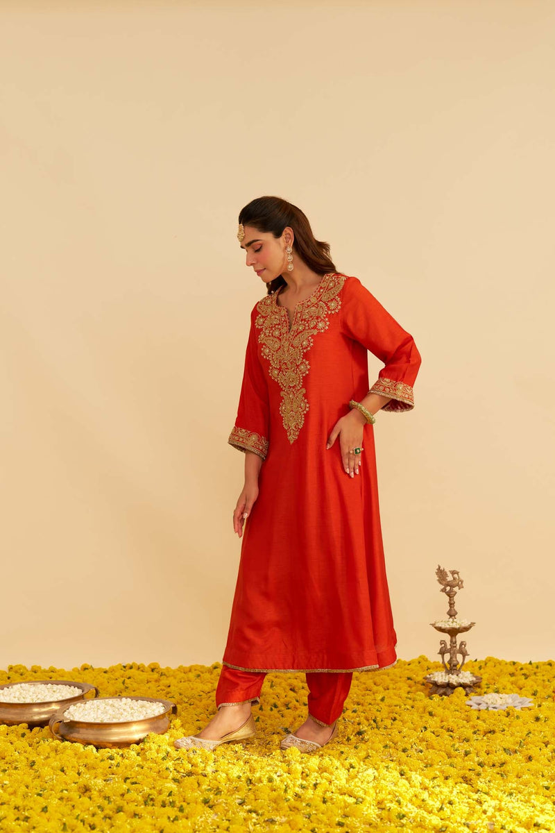 HIBA - BURNT ORANGE LONG KAFTAN WITH SALWAR AND DUPATTA (Lxrts)