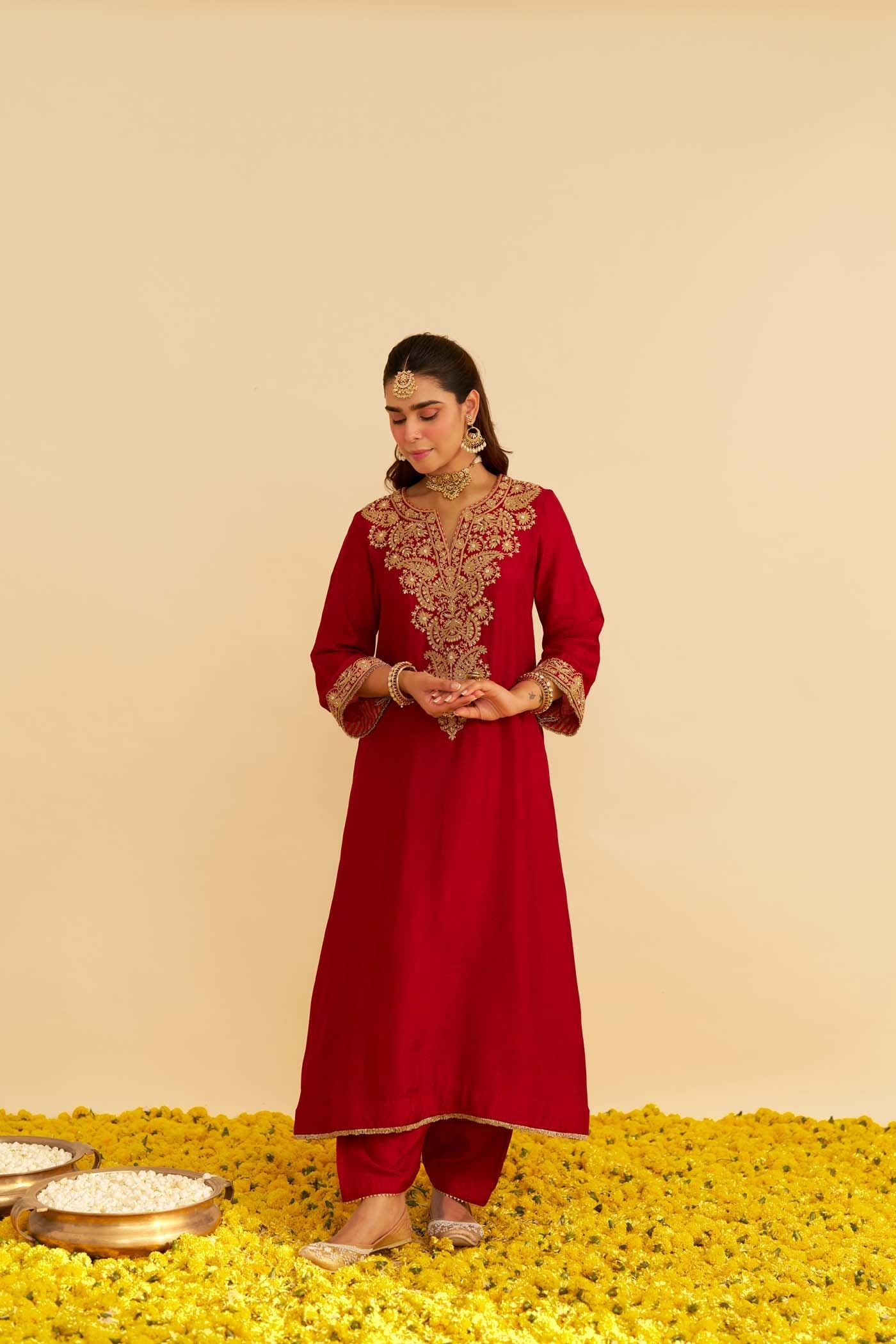 HIBA - DEEP RED LONG KAFTAN WITH SALWAR AND DUPATTA (Lxrts)