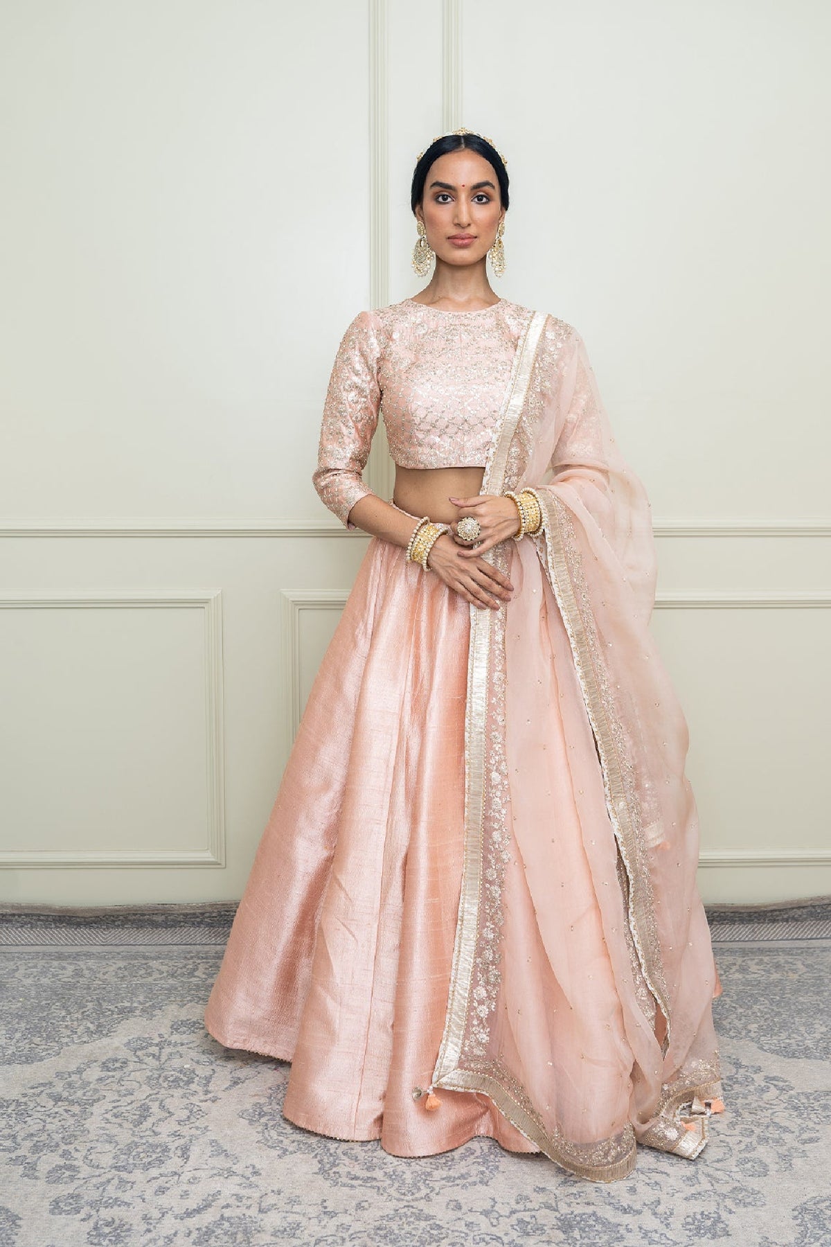 Aafiyah-Pearl Pink Tilla Embroidered Lehenga Set