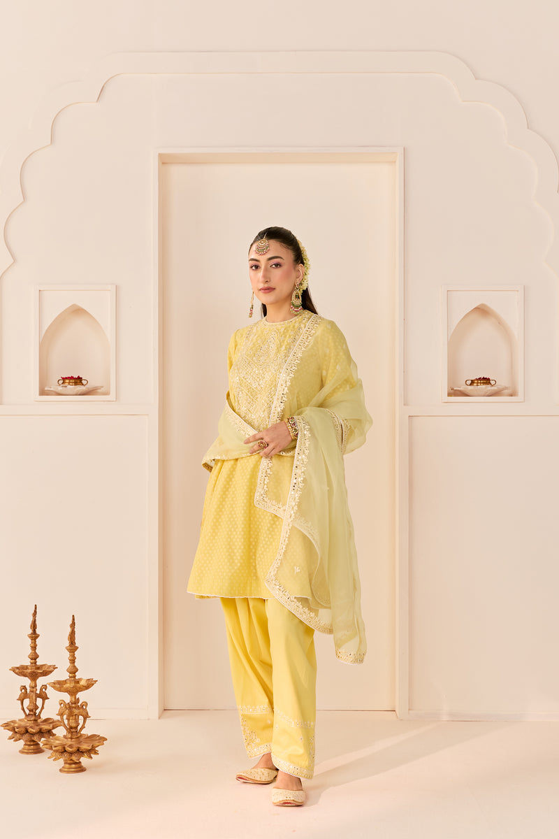Nida - Lemon Yellow  Short Choga With Farshi Salwar