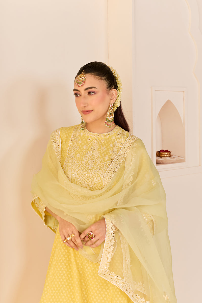 Nida - Lemon Yellow  Short Choga With Farshi Salwar