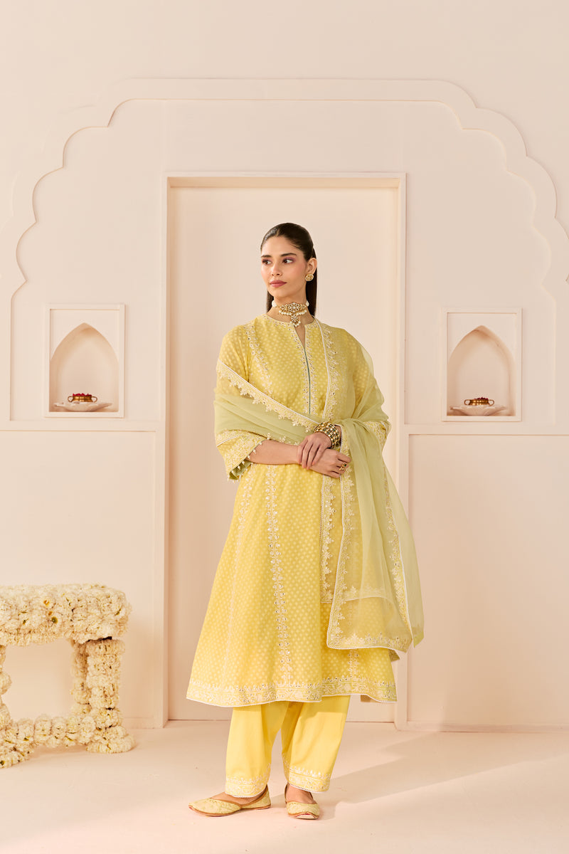 Firdaus -Lemon Yellow Long Kalidaar Chauga With Dogri Salwar And Dupatta