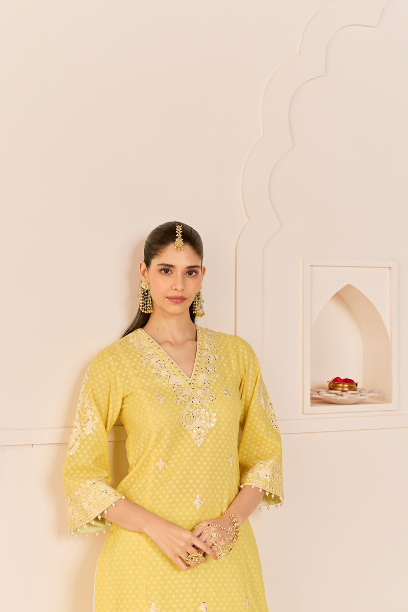 RUHANI - LEMON YELLOW SHORT KURTA WITH SHARARA AND DUPATTA