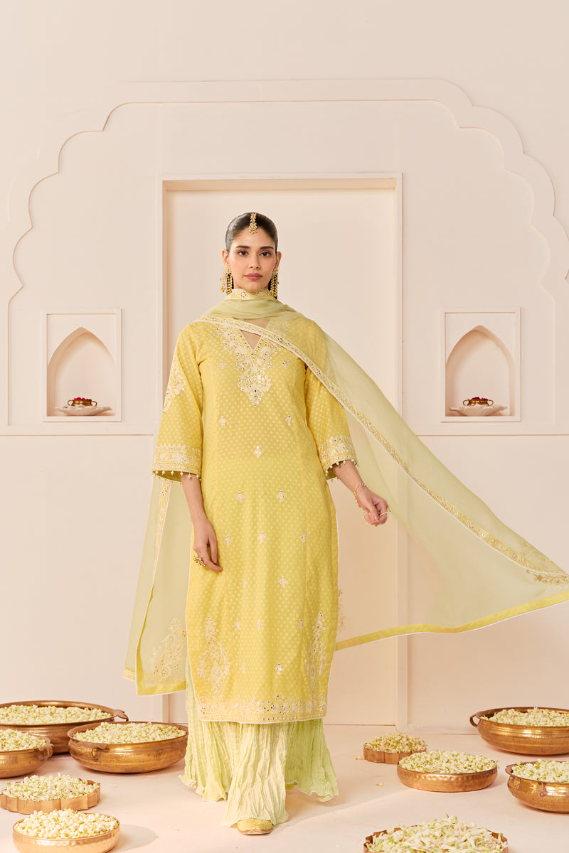 RUHANI - LEMON YELLOW SHORT KURTA WITH SHARARA AND DUPATTA