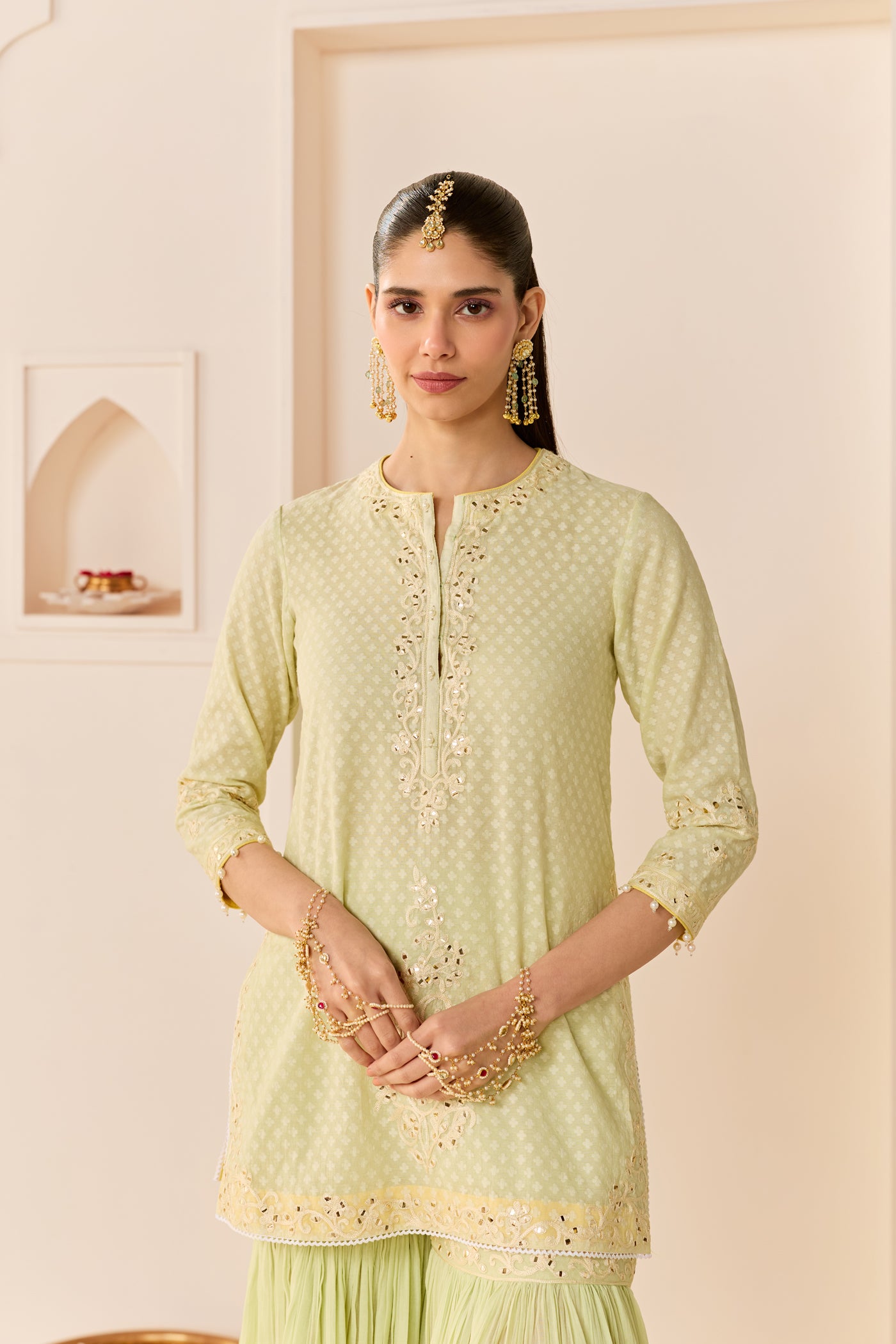 Yasneen - Mint Green Short Kurta With Garara And Dupatta