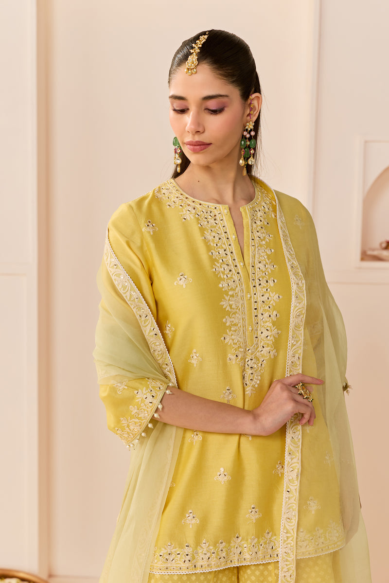 Rehma - Lemon Yellow Short Kurta With Sharara And Dupatta