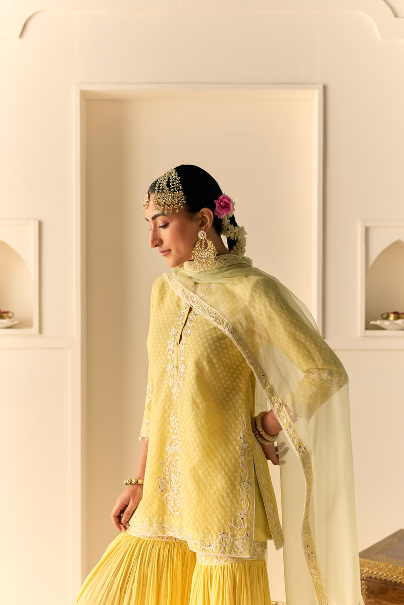 Yasneen - Lemon Yellow Short Kurta With Garara And Dupatta (LXRTS)