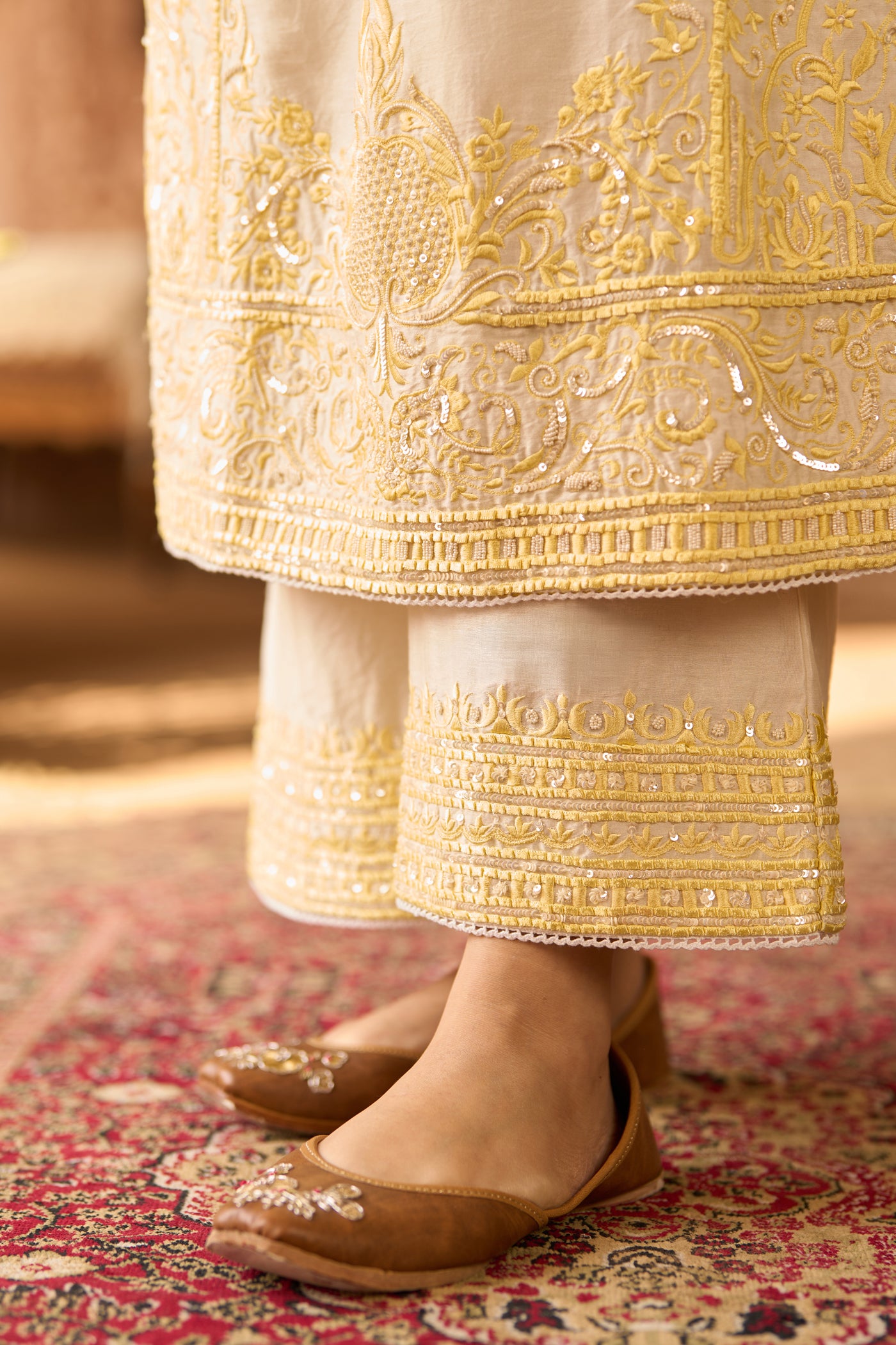 ENA - DAISY IVORY WITH LEMON YELLOW LONG A-LINE KURTA WITH PALAZZO AND DUPATTA