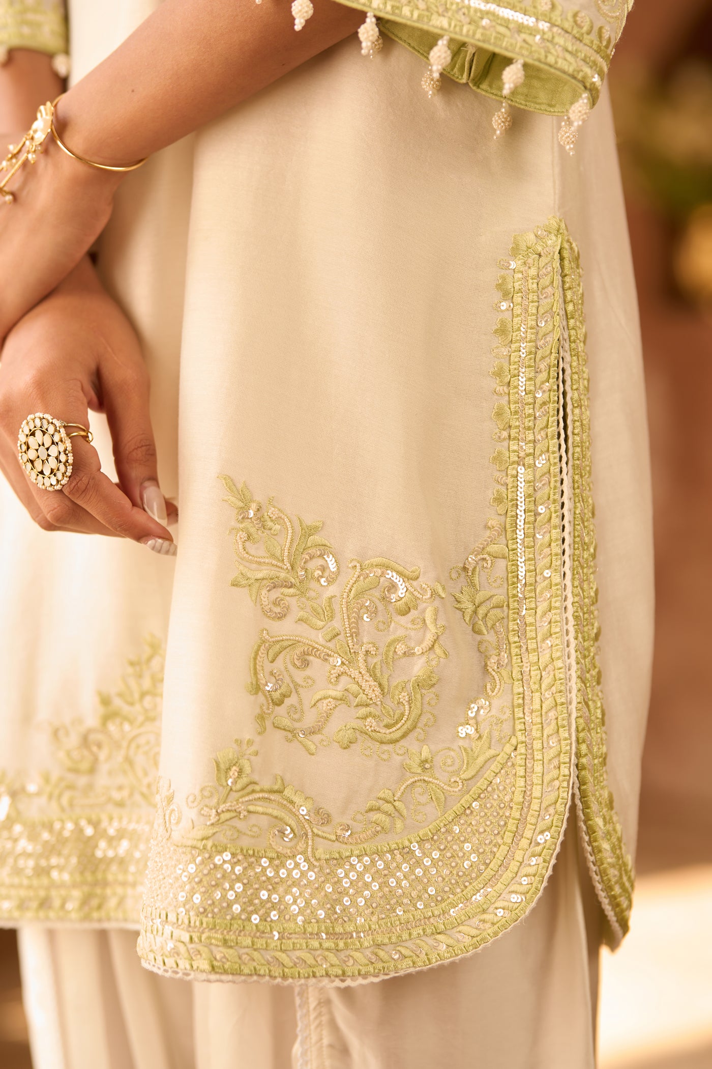 NYRA - DAISY IVORY WITH MINT GREEN SHORT KURTA AND DHOTI