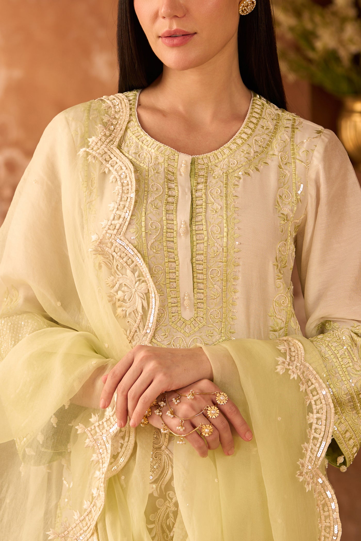 ENA - DAISY IVORY WITH MINT GREEN LONG A-LINE KURTA WITH PALAZZO AND DUPATTA