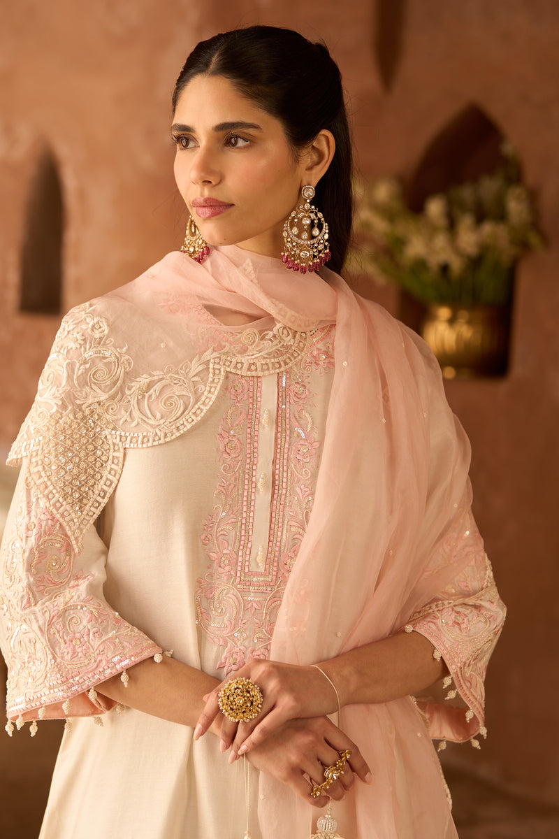 HANI - DAISY IVORY WITH PINK A-LINE KURTA WITH SALWAR AND DUPATTA