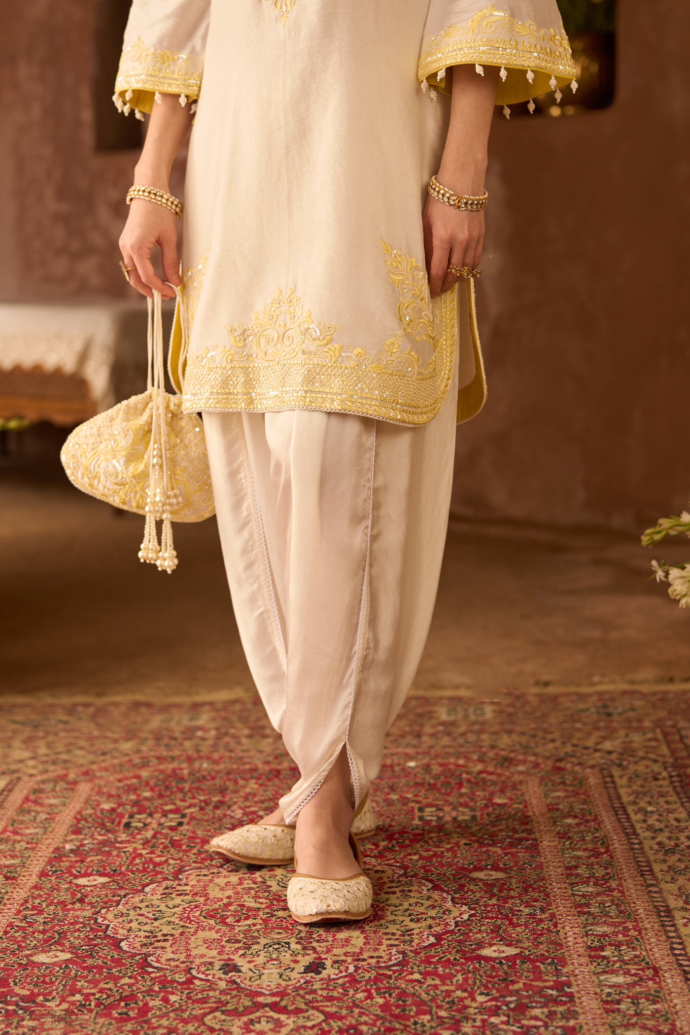NYRA - DAISY IVORY WITH LEMON YELLOW SHORT KURTA AND DHOTI