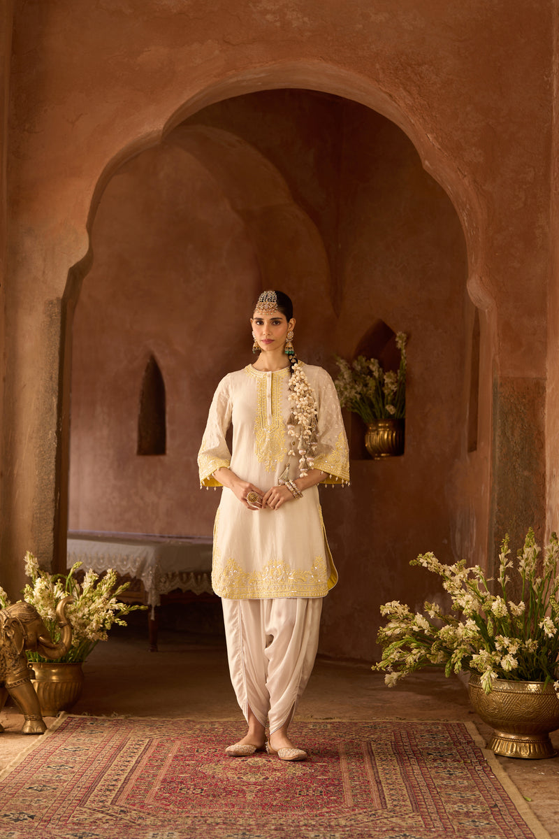 RUHI - DAISY IVORY WITH LEMON YELLOW SHORT KURTA AND DHOTI