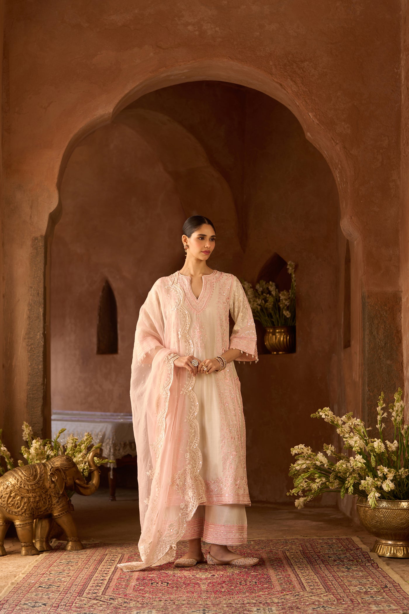 NURVI - DAISY IVORY WITH PINK LONG A-LINE KURTA WITH PALAZZO AND DUPATTA