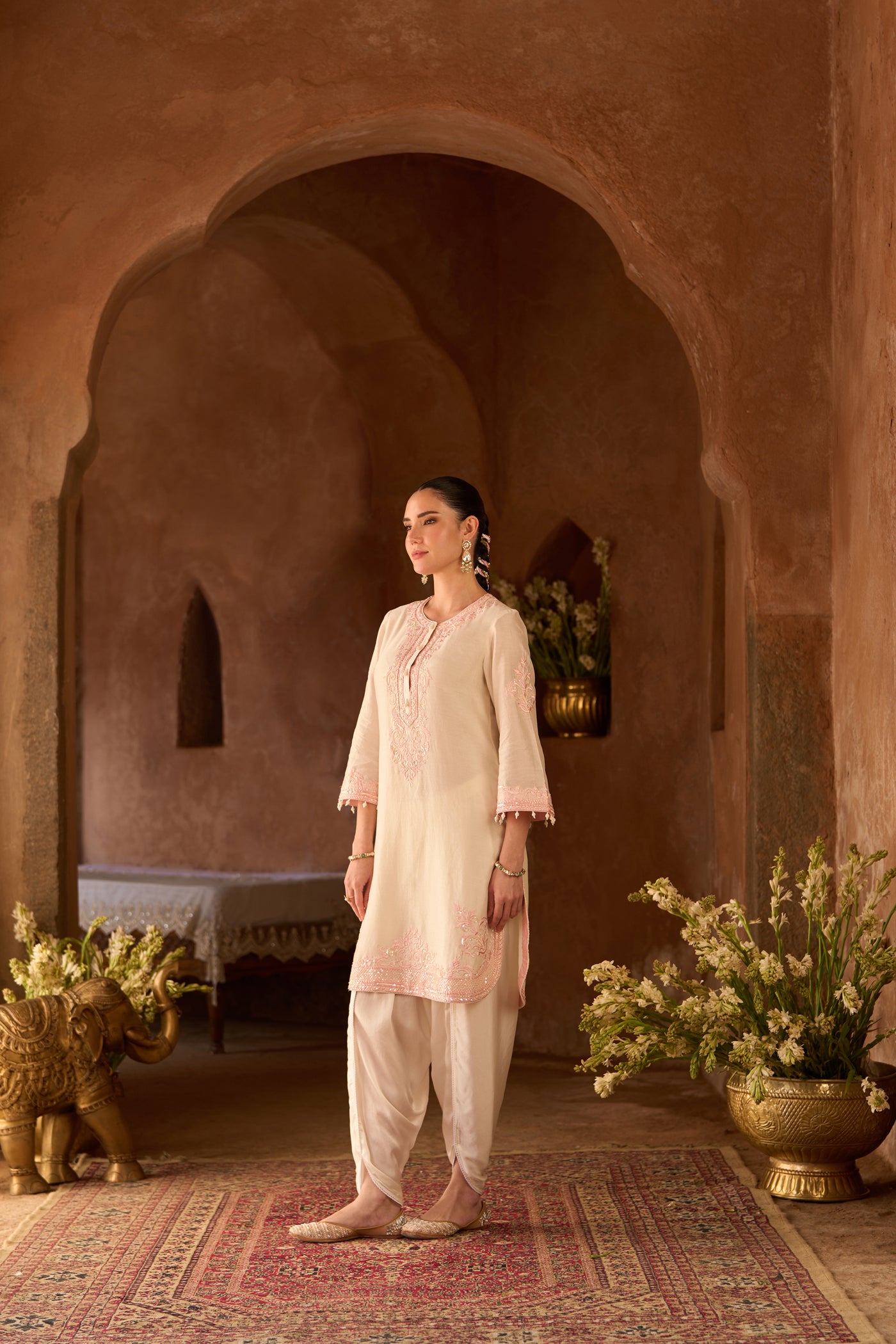 NYRA - DAISY IVORY WITH PINK SHORT KURTA AND DHOTI
