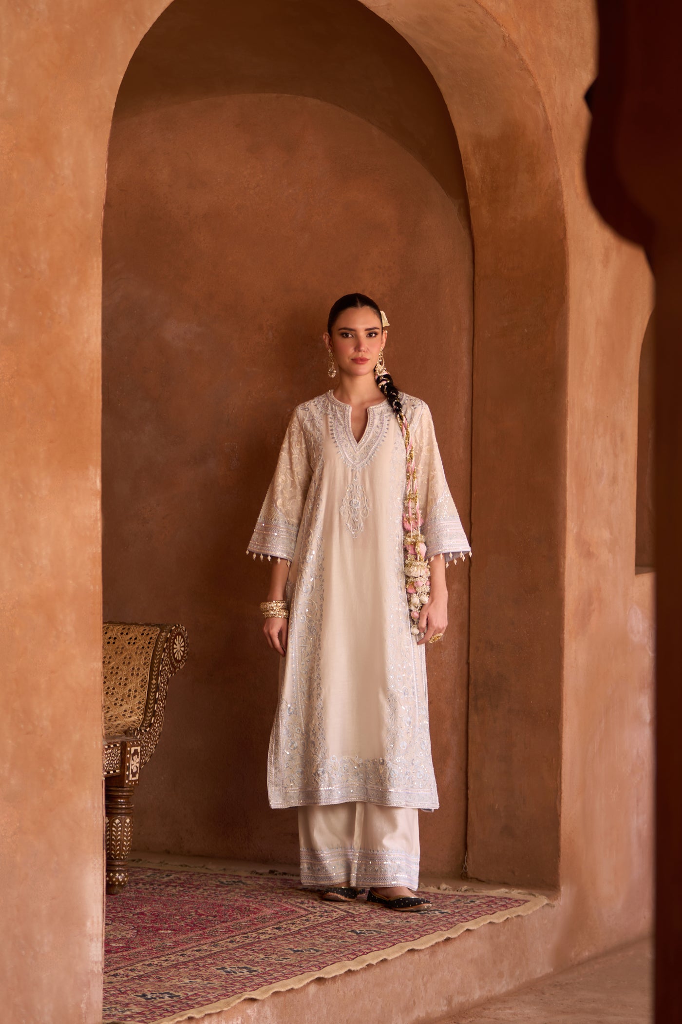 NURVI - DAISY IVORY WITH BLUE LONG A-LINE KURTA WITH PALAZZO AND DUPATTA