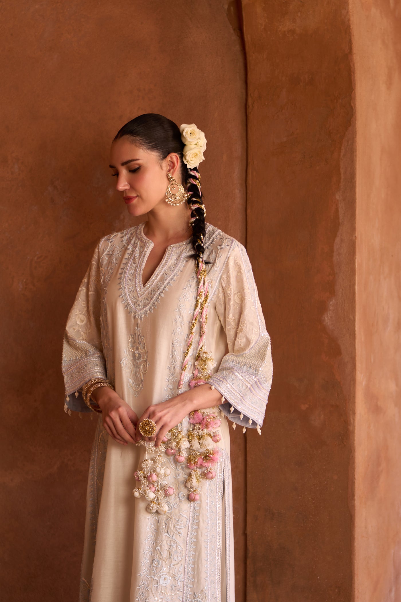 NURVI - DAISY IVORY WITH BLUE LONG A-LINE KURTA WITH PALAZZO AND DUPATTA