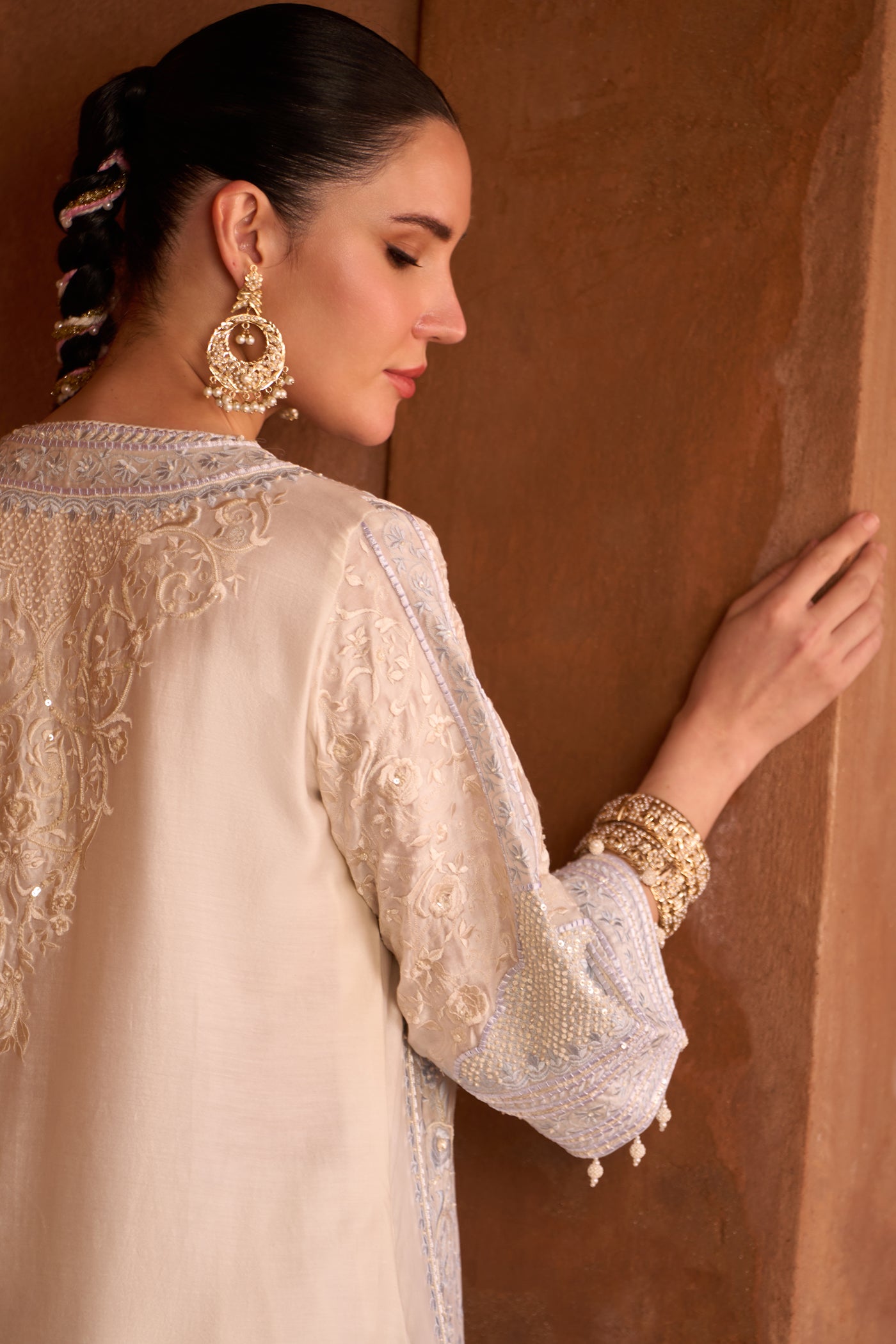 NURVI - DAISY IVORY WITH BLUE LONG A-LINE KURTA WITH PALAZZO AND DUPATTA