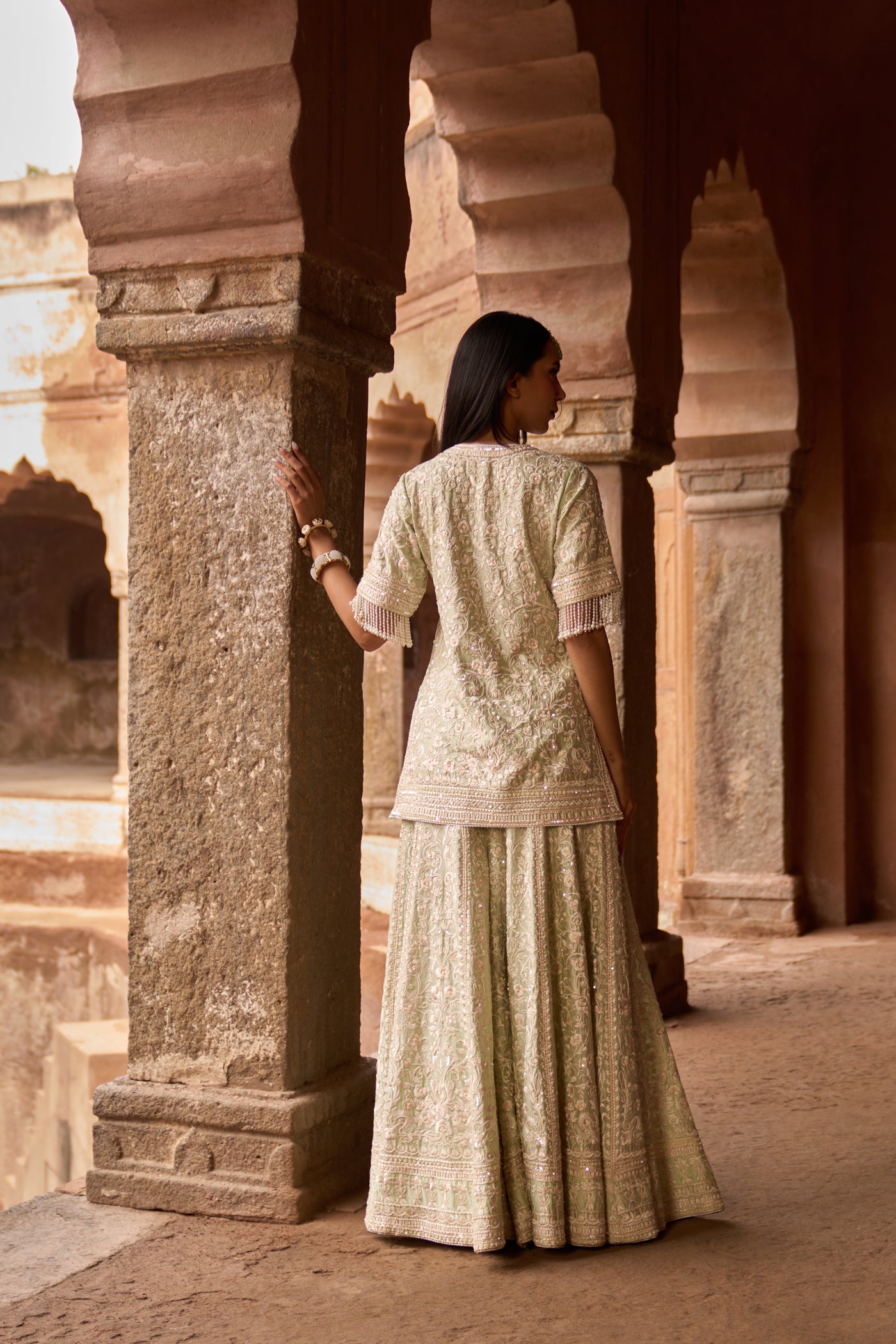 HEER - MINT GREEN SHORT KURTA WITH SHARARA AND DUPATTA