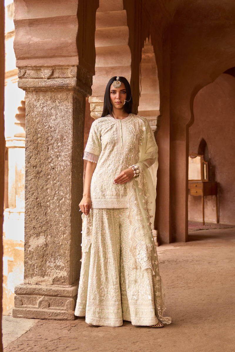 HEER - MINT GREEN SHORT KURTA WITH SHARARA AND DUPATTA