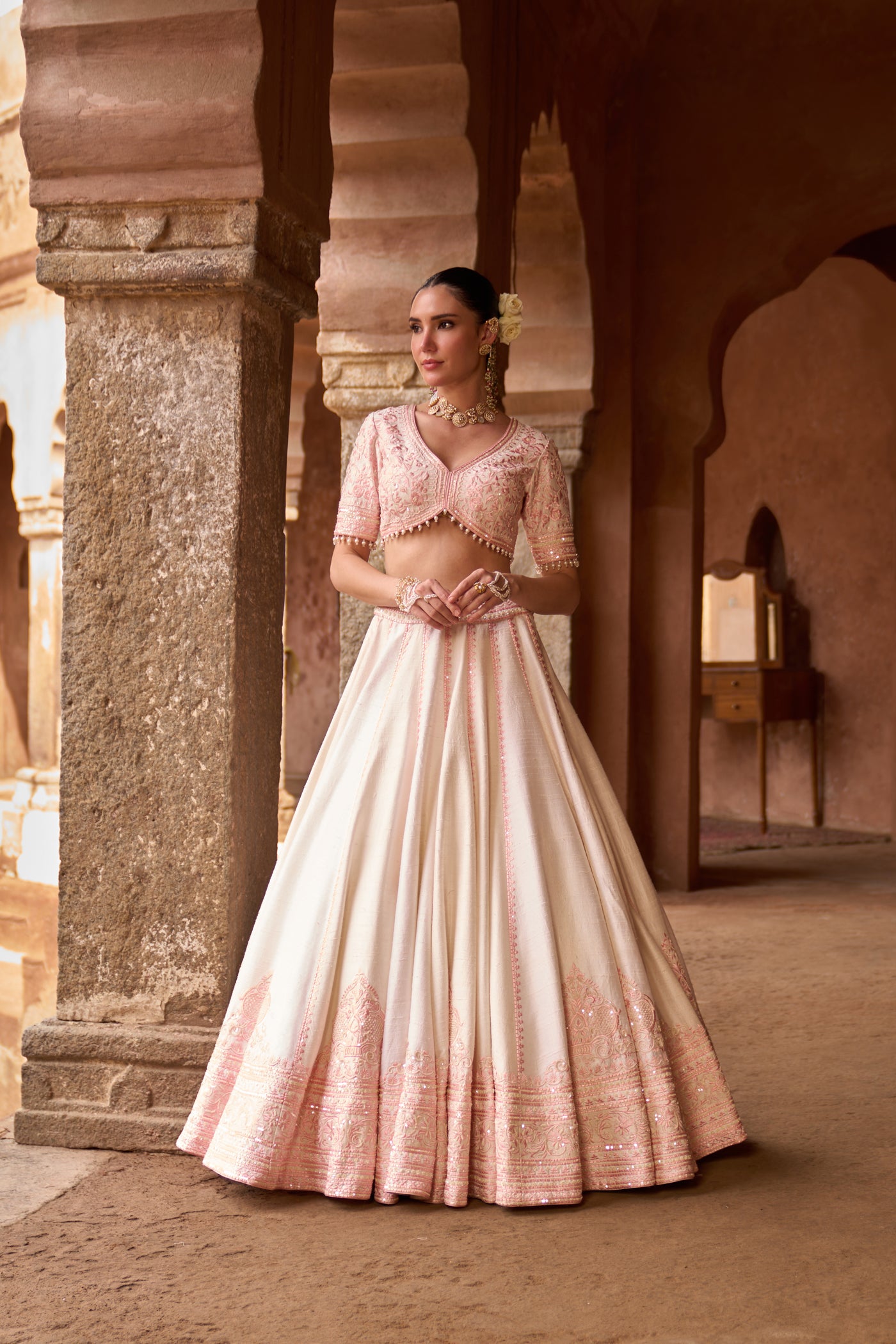 SAYEEDA - DAISY IVORY WITH PINK EMBROIDERED LEHENGA