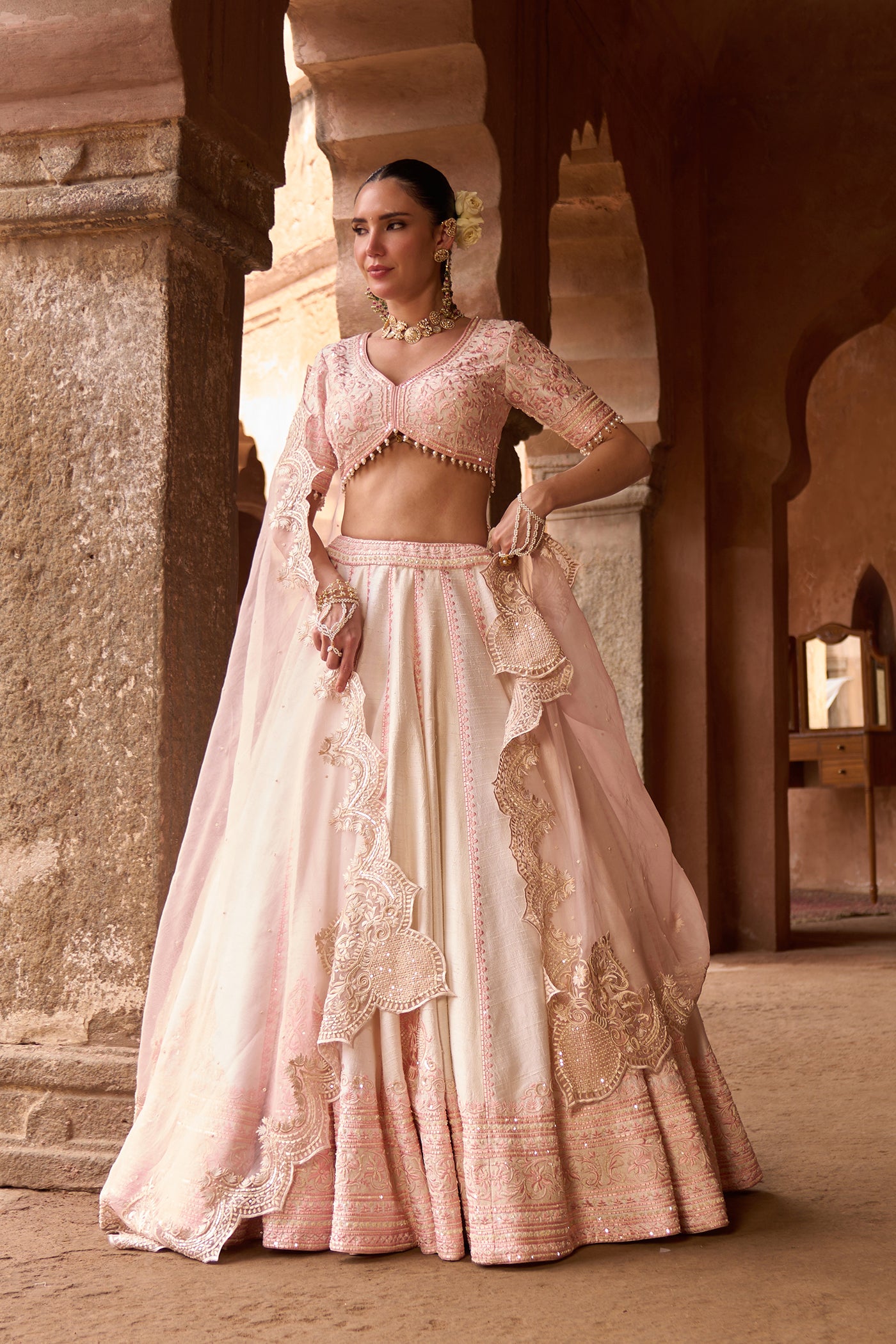 SAYEEDA - DAISY IVORY WITH PINK EMBROIDERED LEHENGA