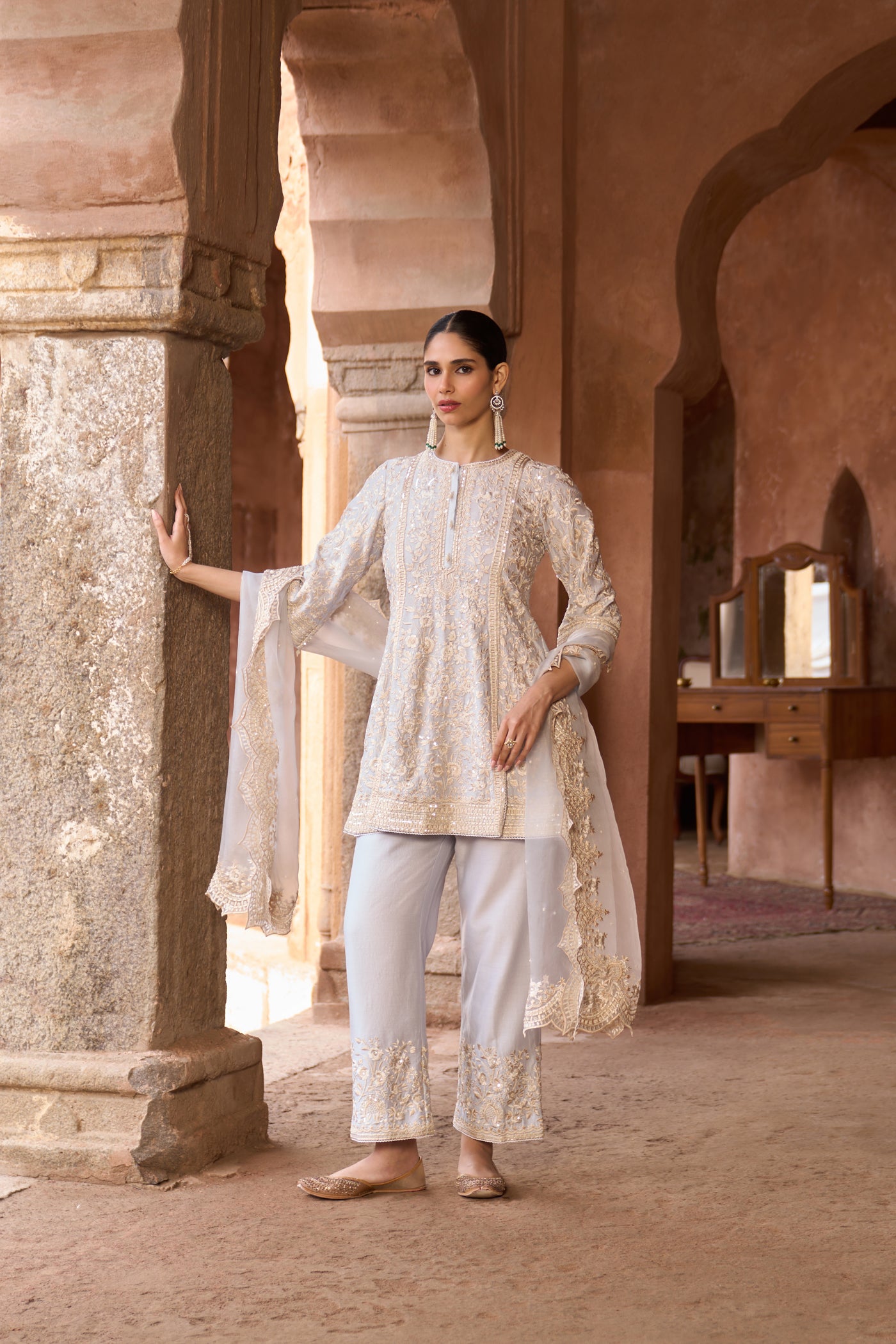 SABOOR - BLUE SHORT A-LINE KURTA WITH STRAIGHT PANTS AND DUPATTA
