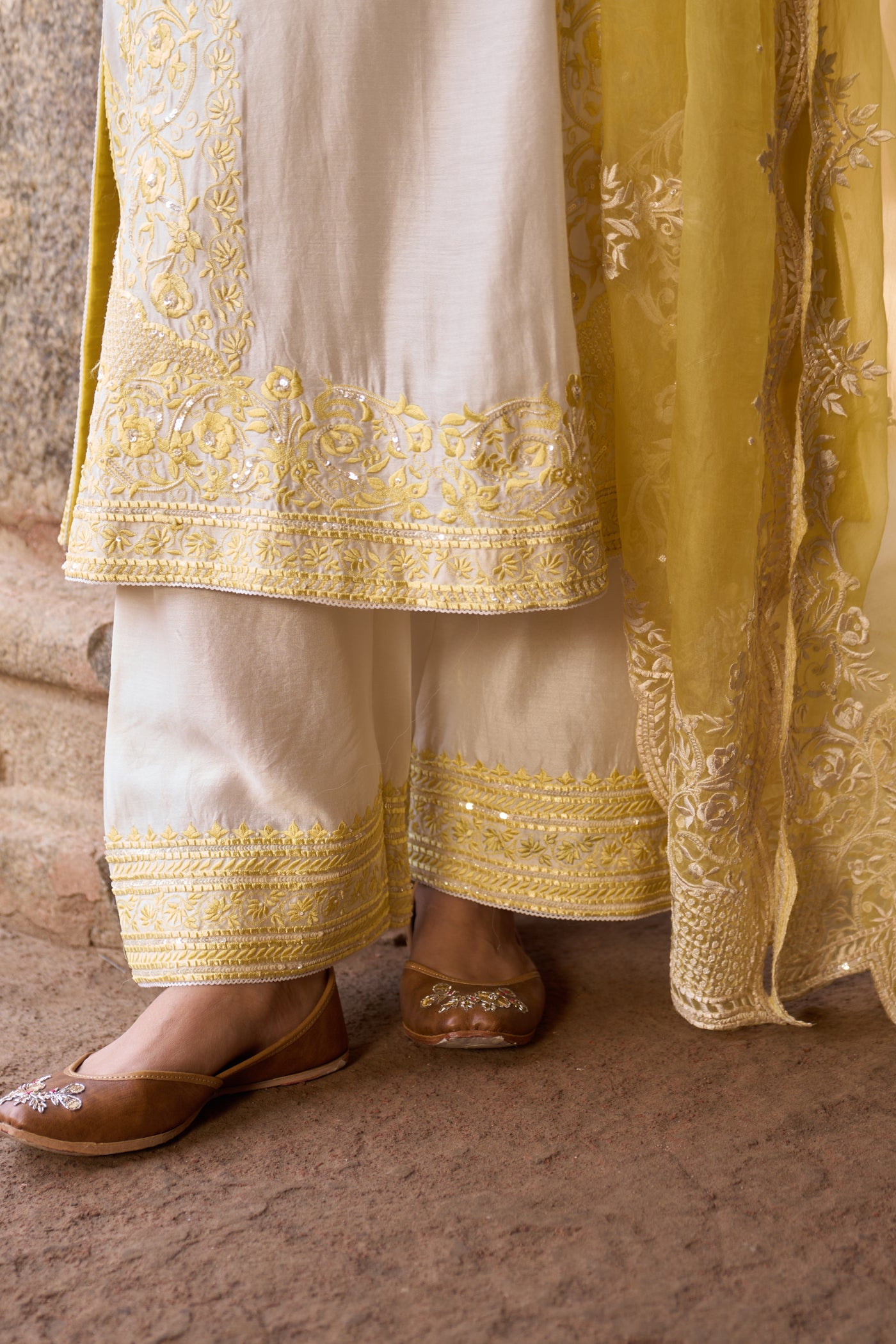 NURVI - DAISY IVORY WITH LEMON YELLOW LONG A-LINE KURTA WITH PALAZZO AND DUPATTA