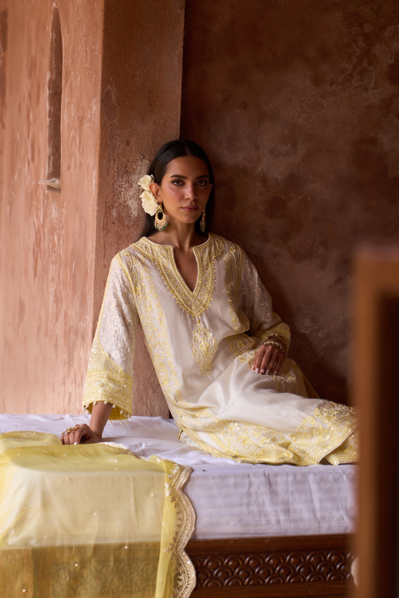 NURVI - DAISY IVORY WITH LEMON YELLOW LONG A-LINE KURTA WITH PALAZZO AND DUPATTA