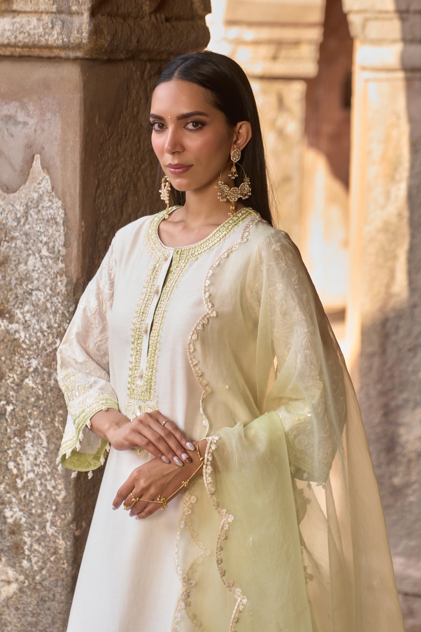 ANAM - DAISY IVORY WITH MINT GREEN A-LINE KURTA WITH SALWAR AND DUPATTA