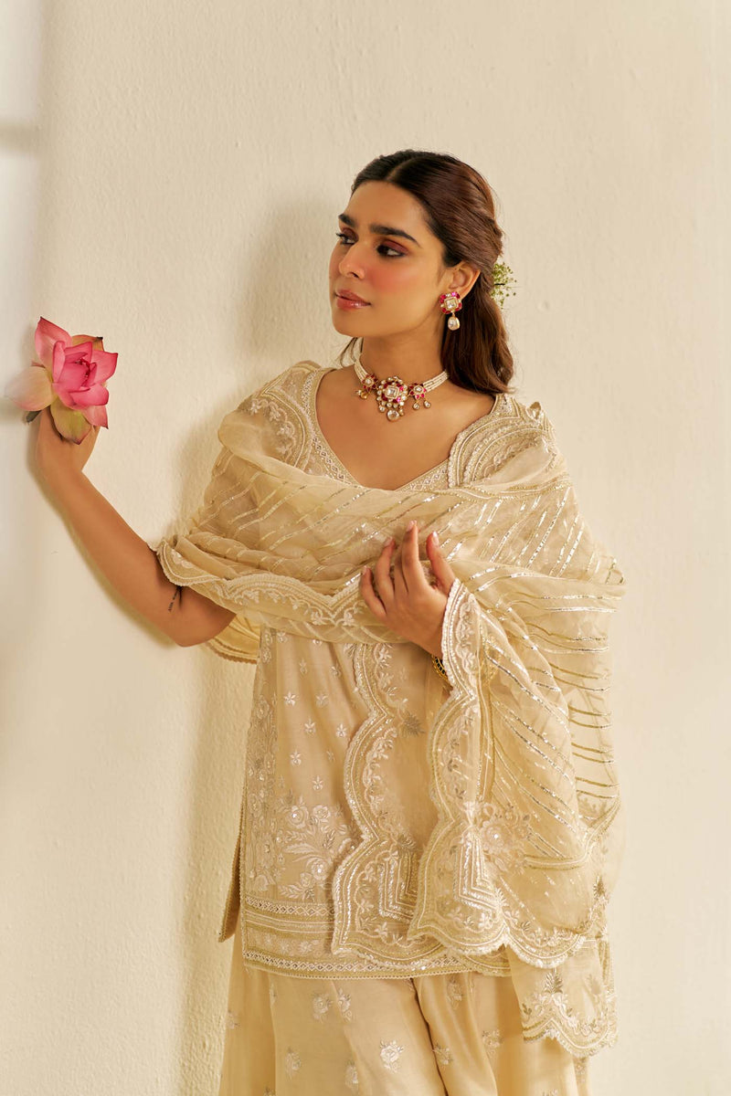 SAMEEHA - Beige SHORT KURTA WITH SHARARA