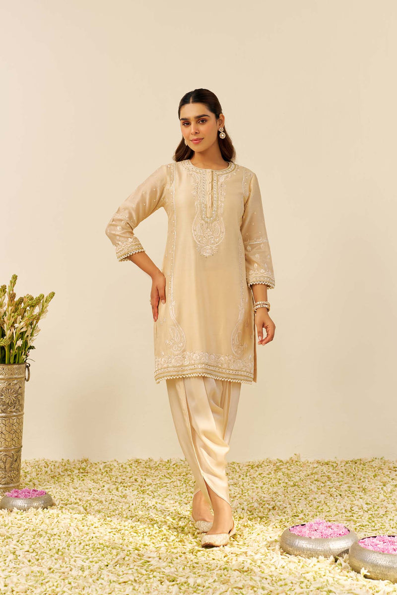 Zahra - Beige Short Kurta With Dhoti