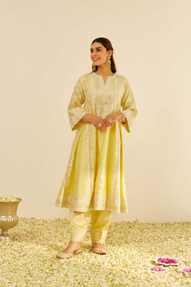 Maziya - Lemon Yellow Long Chauga With Salwar