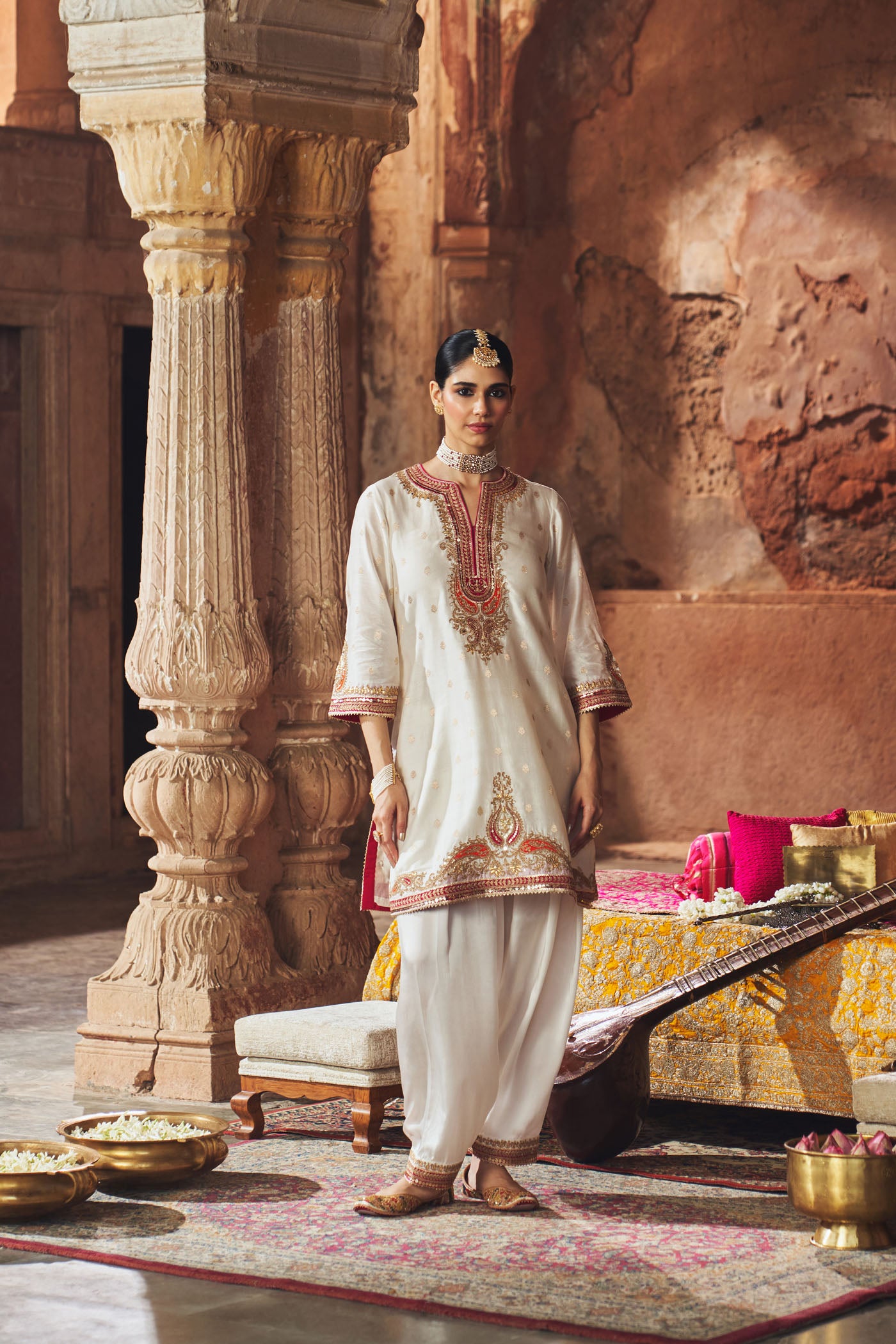 MEHWISH - DAISY IVORY SHORT KURTA WITH SALWAR AND DUPATTA