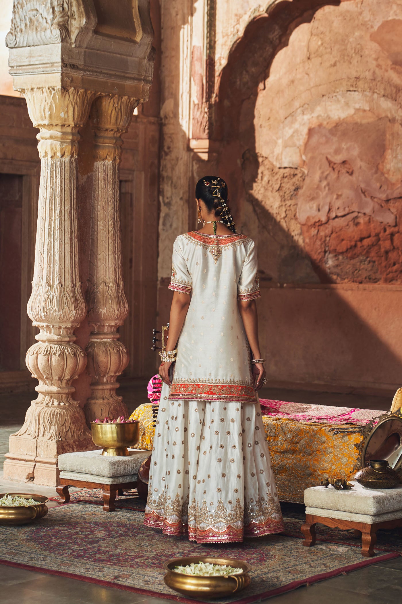 SAMREEN - DAISY IVORY SHORT KURTA WITH SHARARA AND DUPATTA