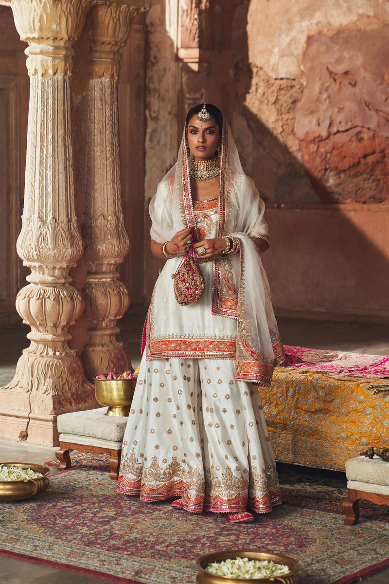 SAMREEN - DAISY IVORY SHORT KURTA WITH SHARARA AND DUPATTA (Lxrts)