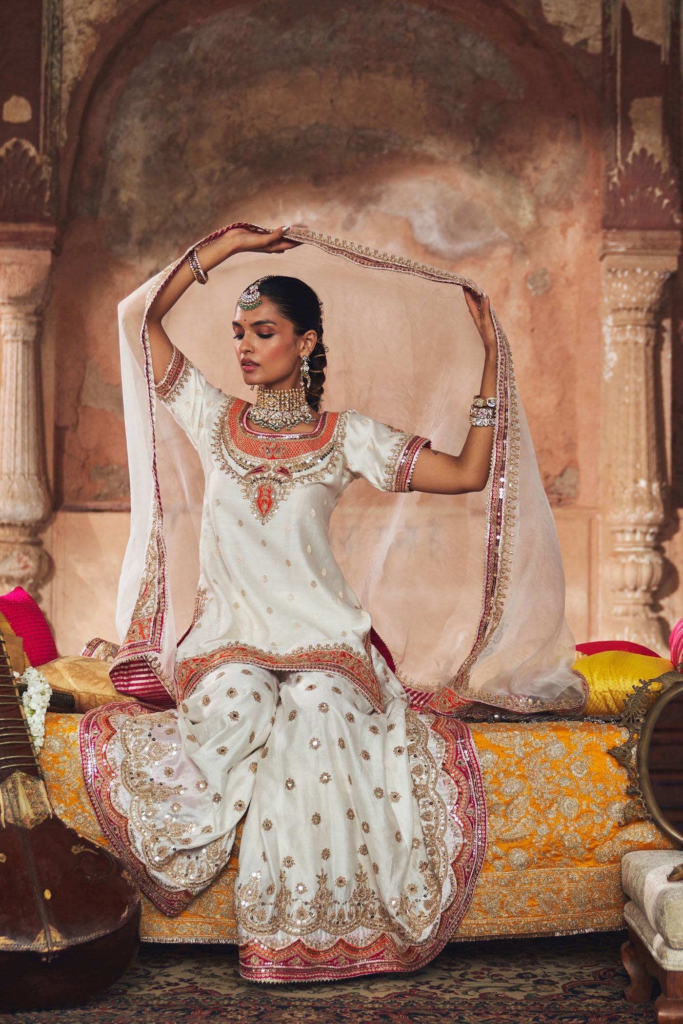 SAMREEN - DAISY IVORY SHORT KURTA WITH SHARARA AND DUPATTA (Lxrts)