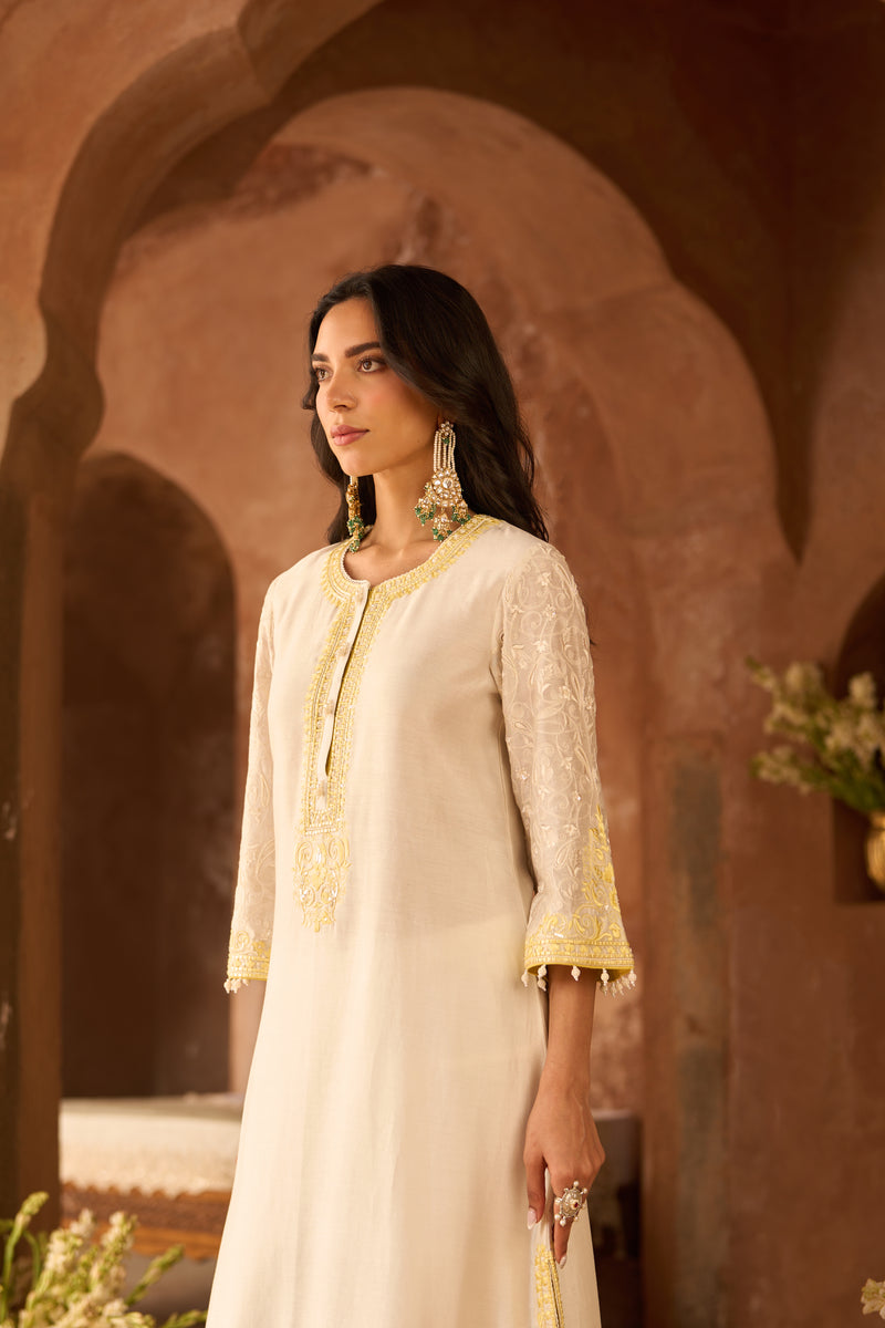 ANAM - DAISY IVORY WITH LEMON YELLOW A-LINE KURTA WITH SALWAR AND DUPATTA