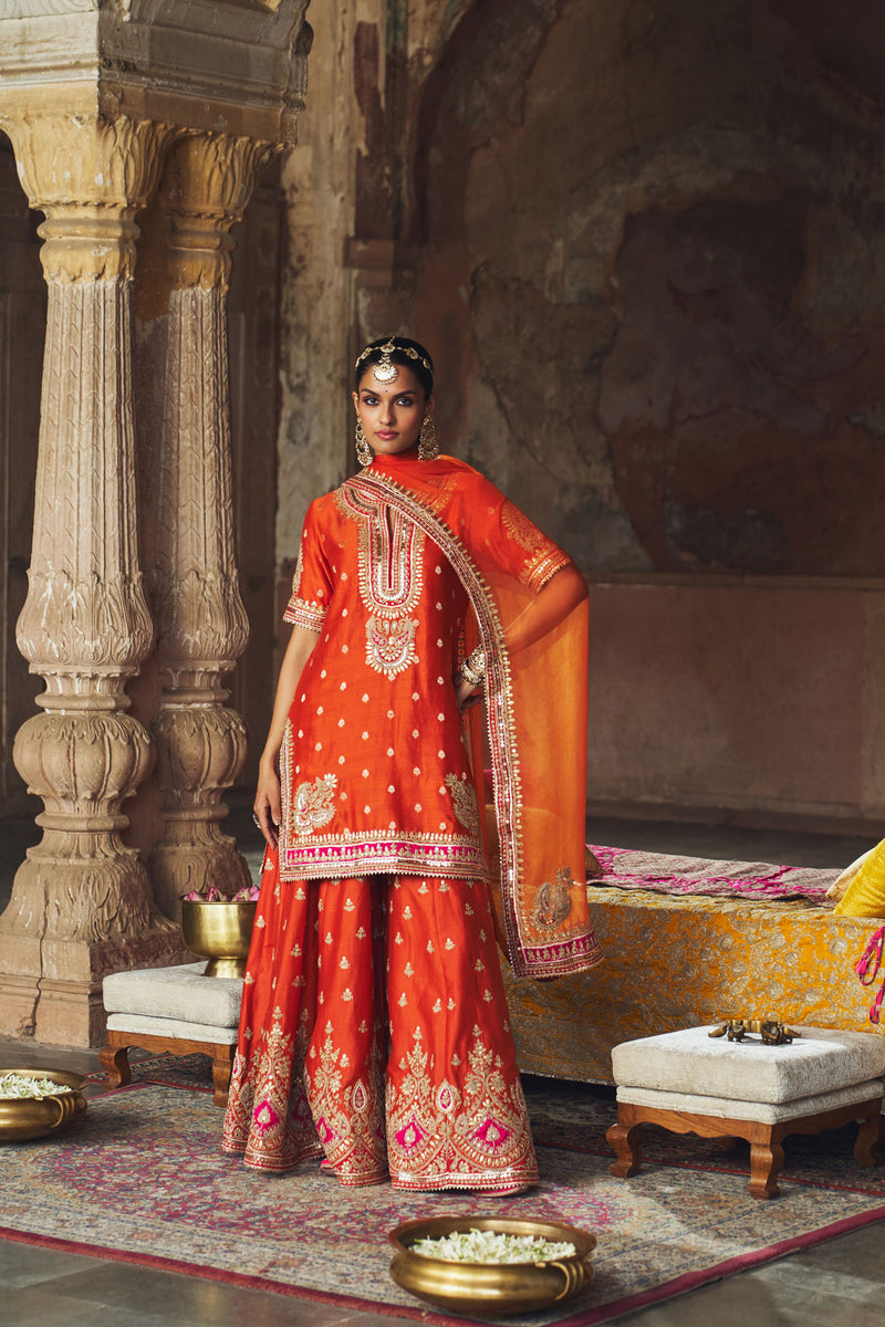AREESHA - BURNT ORANGE SHORT KURTA WITH SHARARA AND DUPATTA