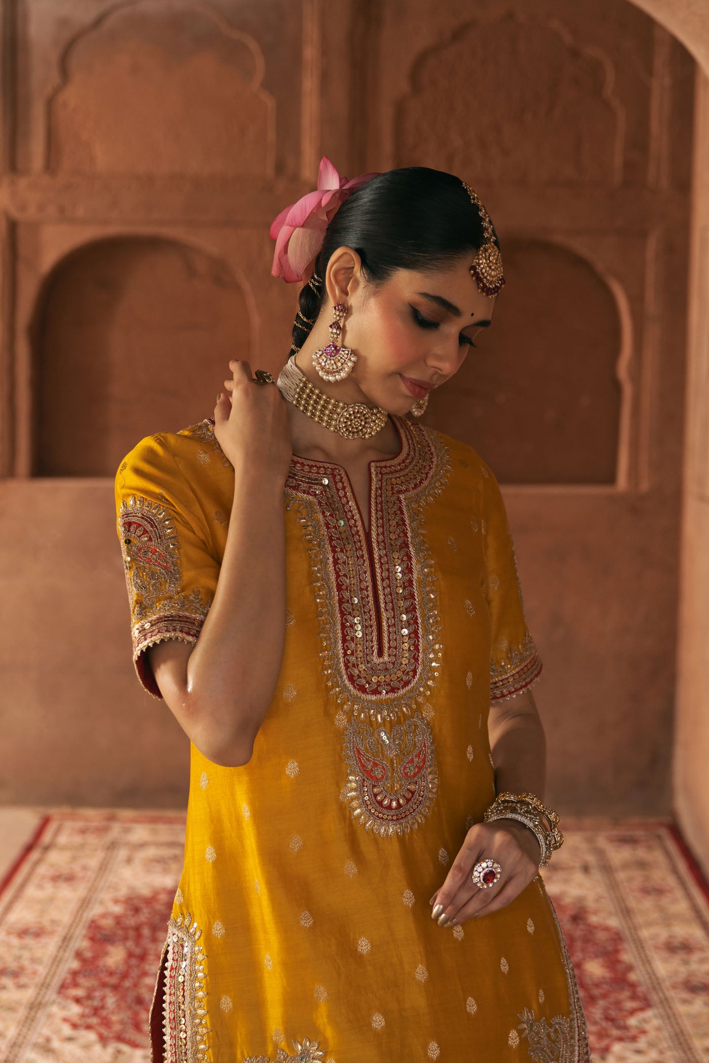 AREESHA - MUSTARD SHORT KURTA WITH SHARARA AND DUPATTA