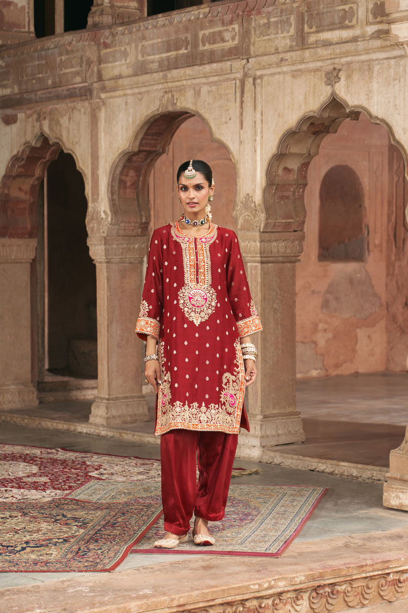 ANILA - DEEP RED SHORT KURTA WITH SALWAR