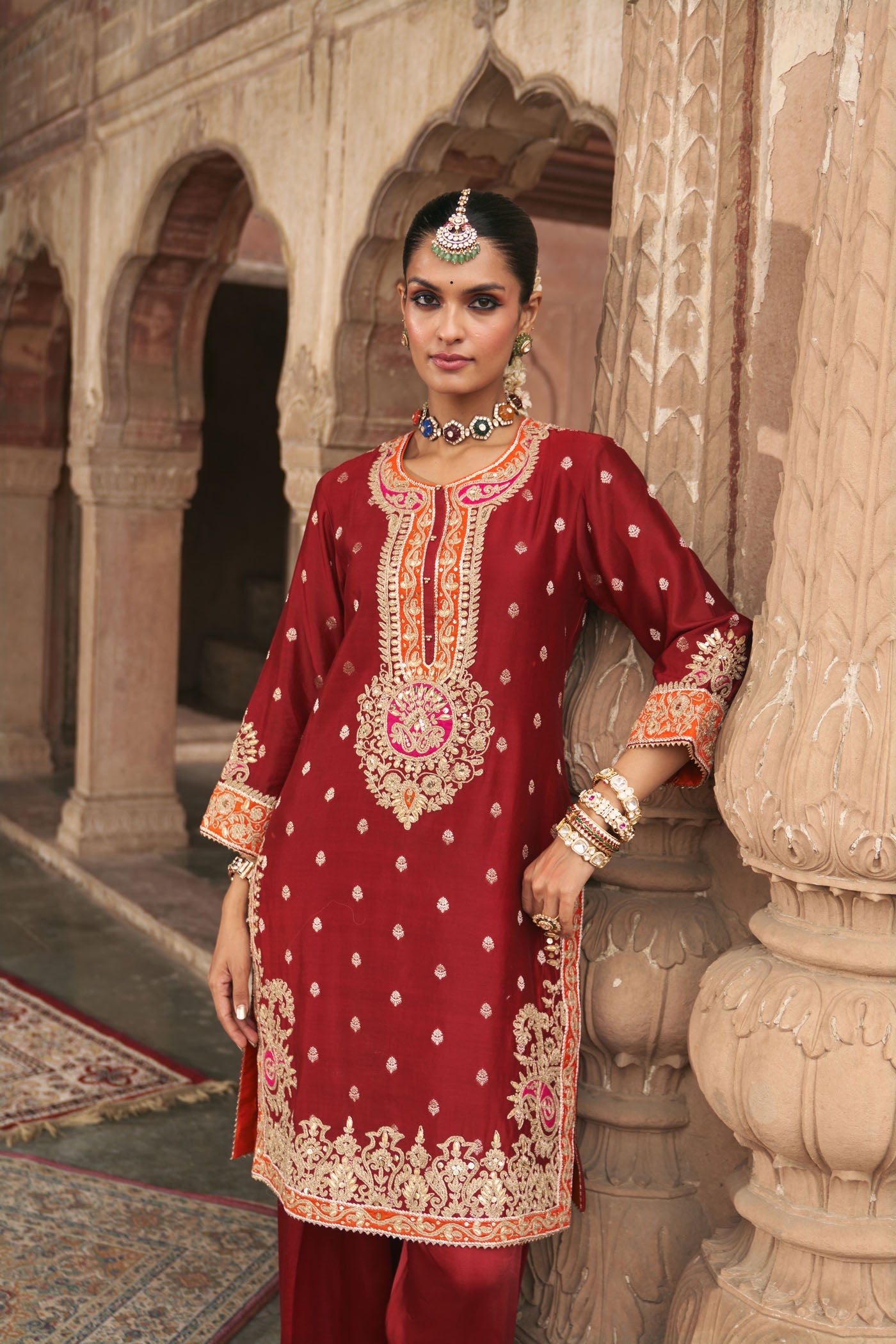 ANILA - DEEP RED SHORT KURTA WITH SALWAR (Lxrts)