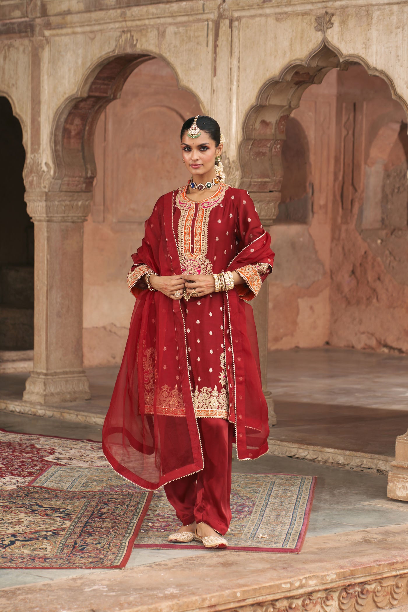 ANILA - DEEP RED SHORT KURTA WITH SALWAR