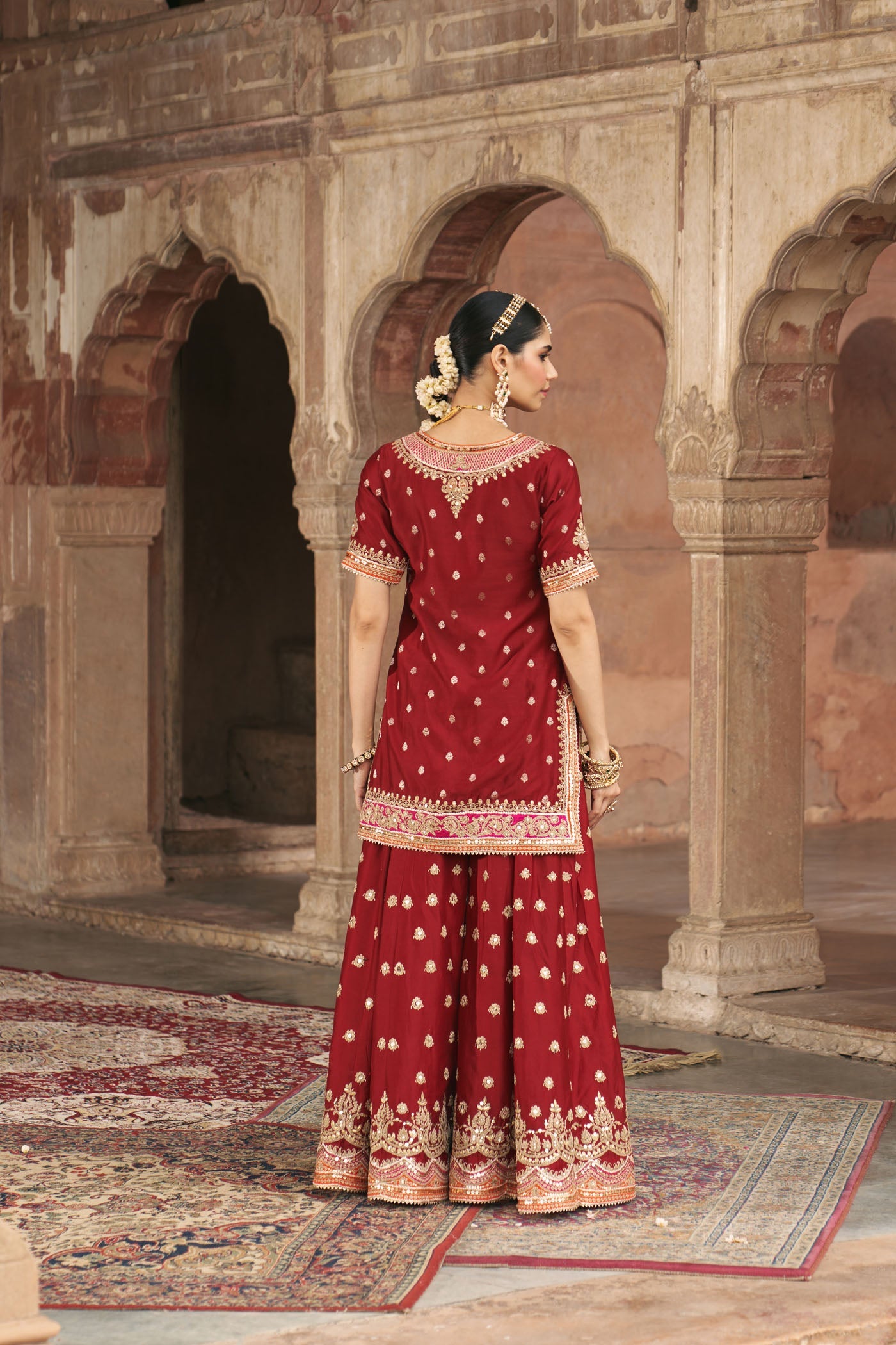 SAMREEN - DEEP RED SHORT KURTA WITH SHARARA AND DUPATTA (Lxrts)