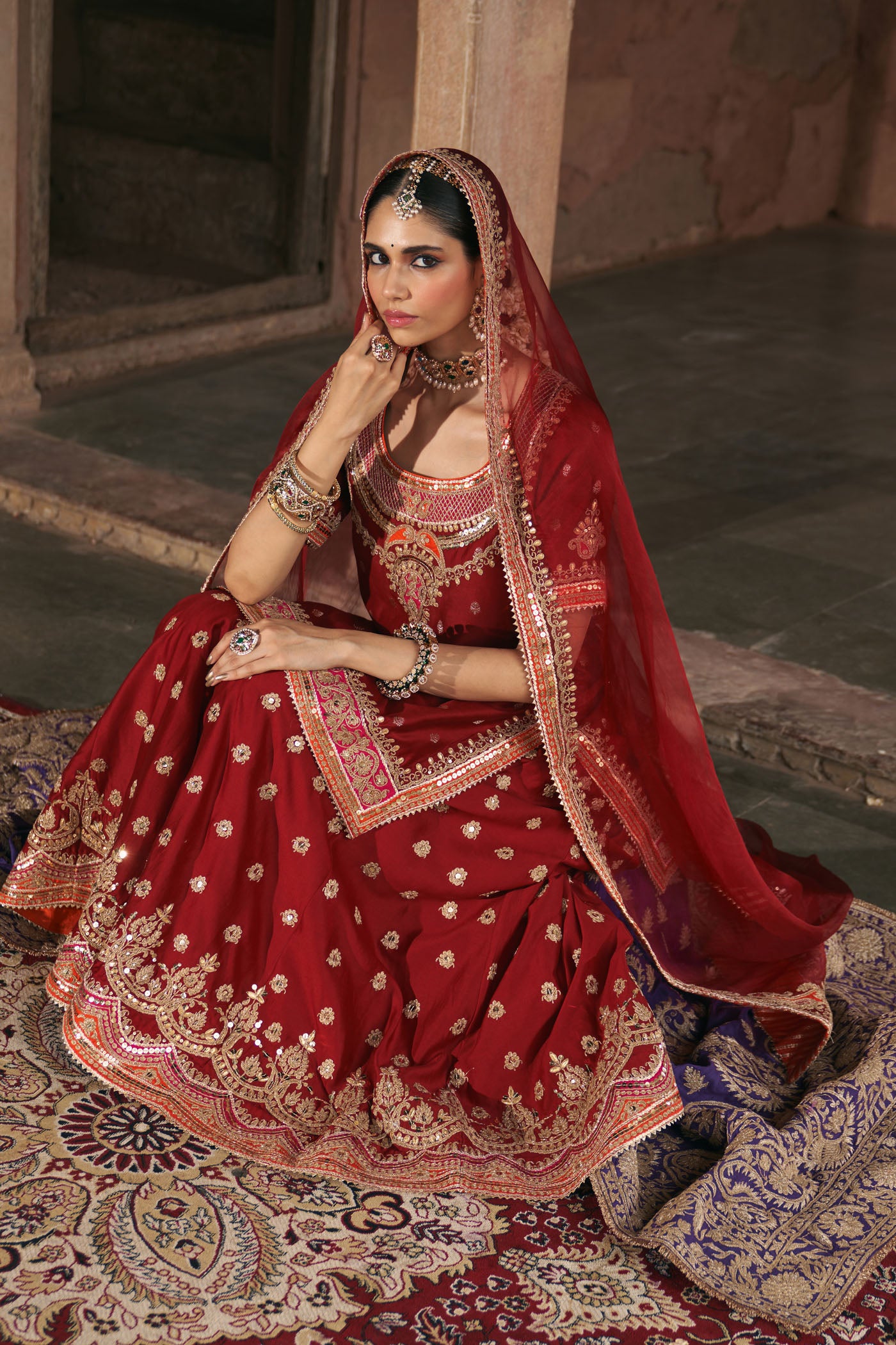 SAMREEN - DEEP RED SHORT KURTA WITH SHARARA AND DUPATTA