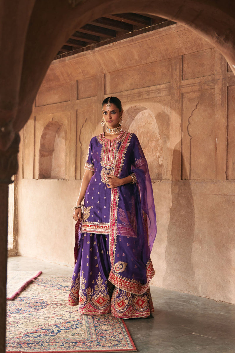 AREESHA - DEEP PURPLE SHORT KURTA WITH SHARARA AND DUPATTA (Lxrts)