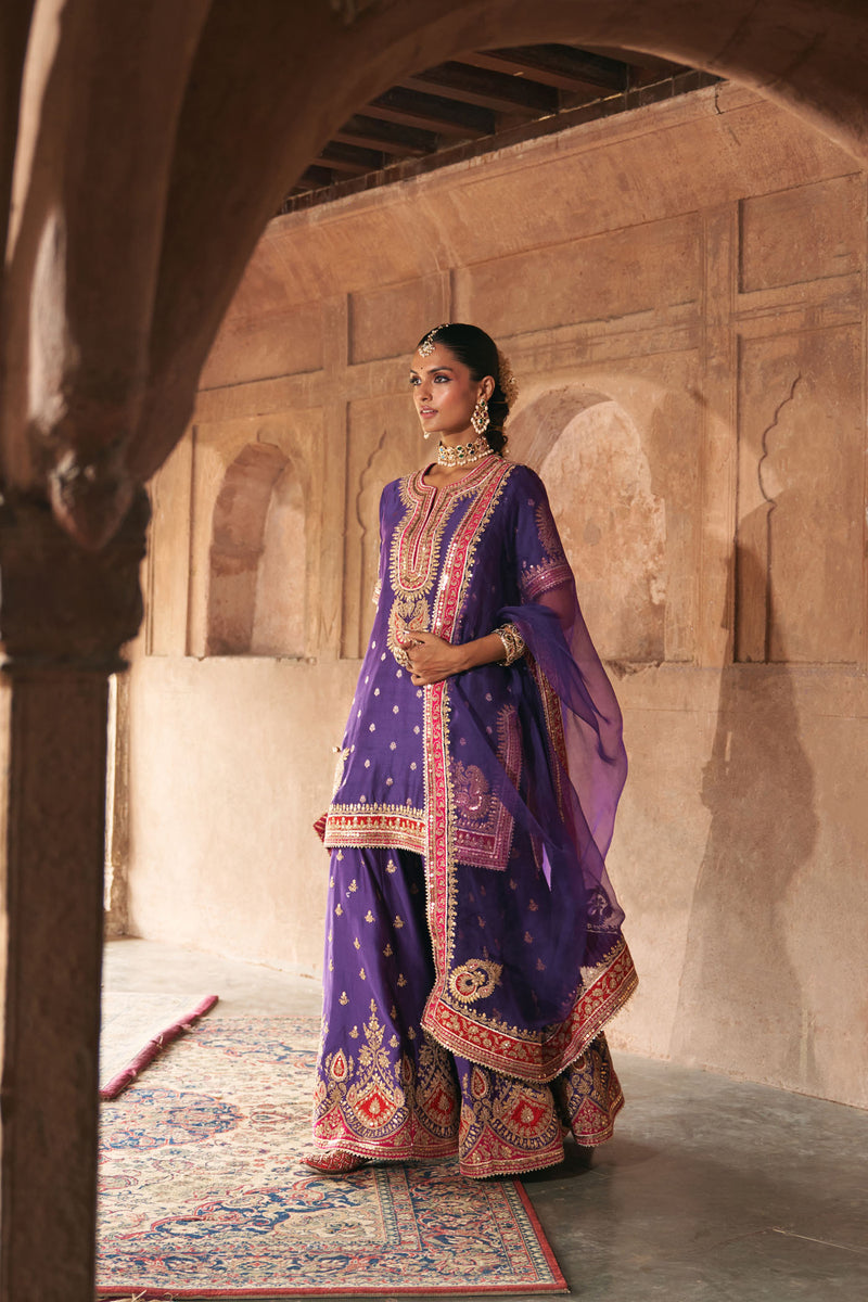 AREESHA - DEEP PURPLE SHORT KURTA WITH SHARARA AND DUPATTA