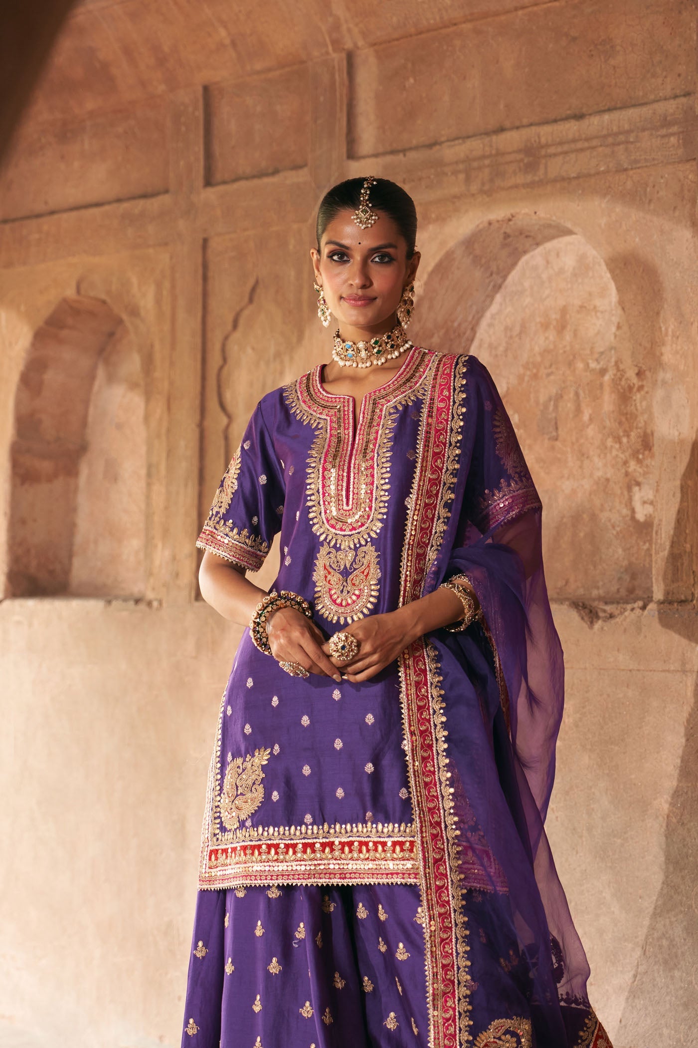 AREESHA - DEEP PURPLE SHORT KURTA WITH SHARARA AND DUPATTA (Lxrts)
