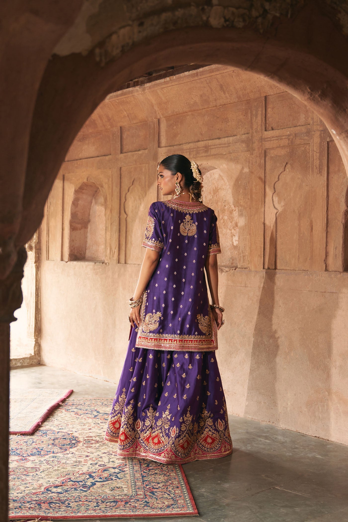 AREESHA - DEEP PURPLE SHORT KURTA WITH SHARARA AND DUPATTA (Lxrts)